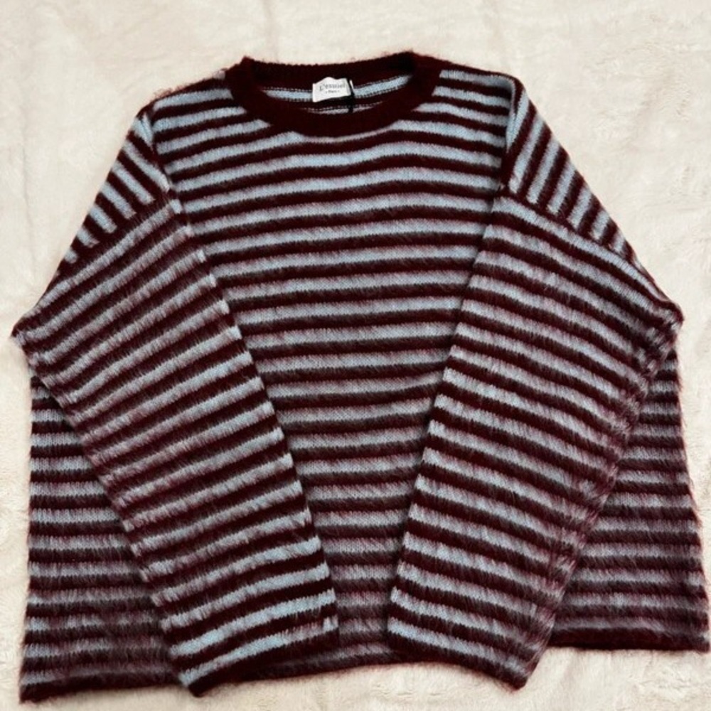 H&M Maroon and Gray Striped Crewneck Sweater